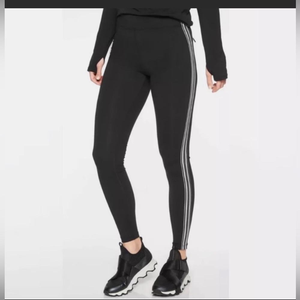 Athleta black leggings black and white stripe trim down side S Track Tux